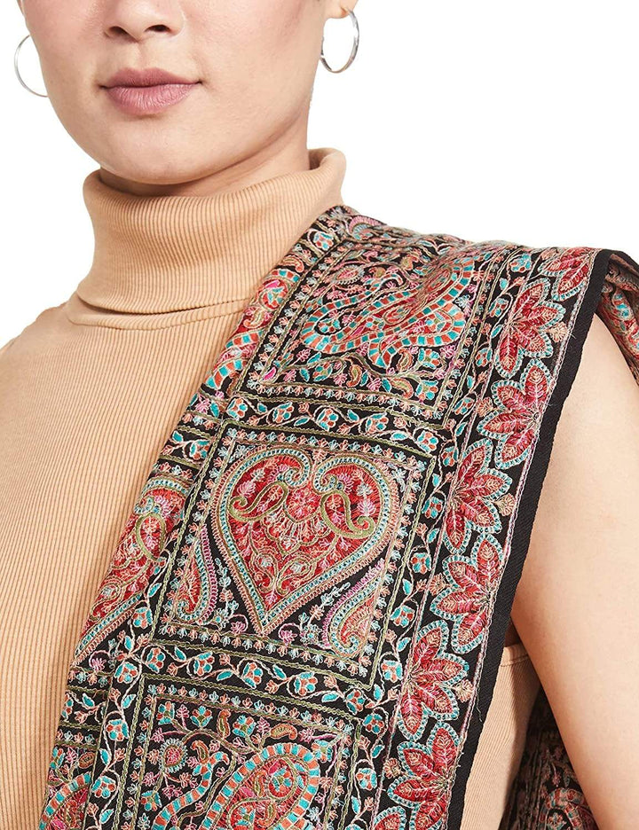 Pashtush India 100x200 PASHTUSH WOMENS KASHMIRI EMBROIDERY SHAWL, SOZNI EMBROIDERY, INTRICATE NEEDLEWORK, BLACK