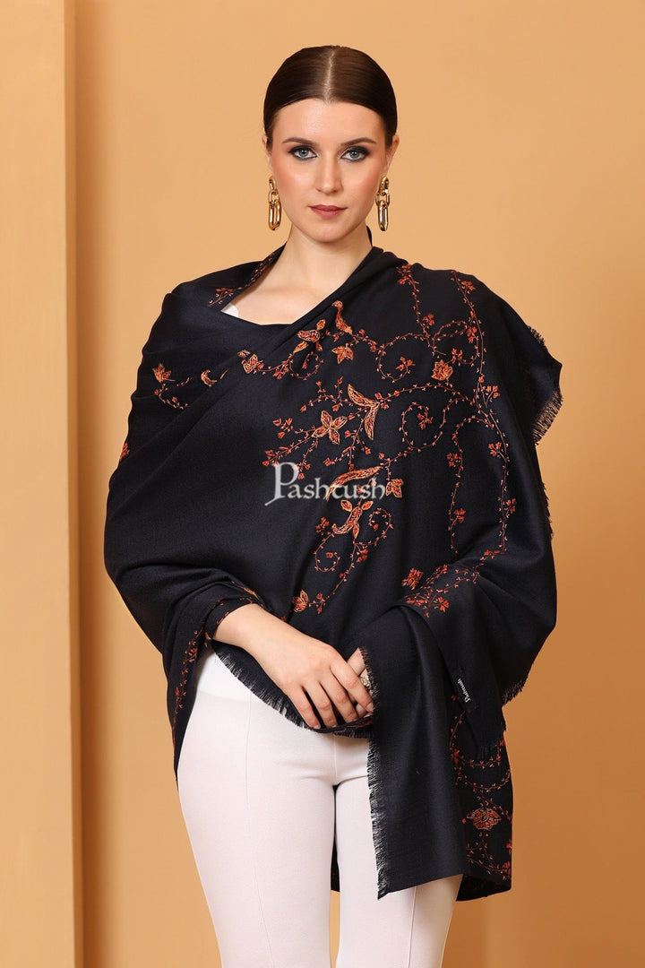 Pashtush India Womens Shawls Pashtush Womens Kashmiri Hand Embroidery Shawl, Woollen, Navy Blue