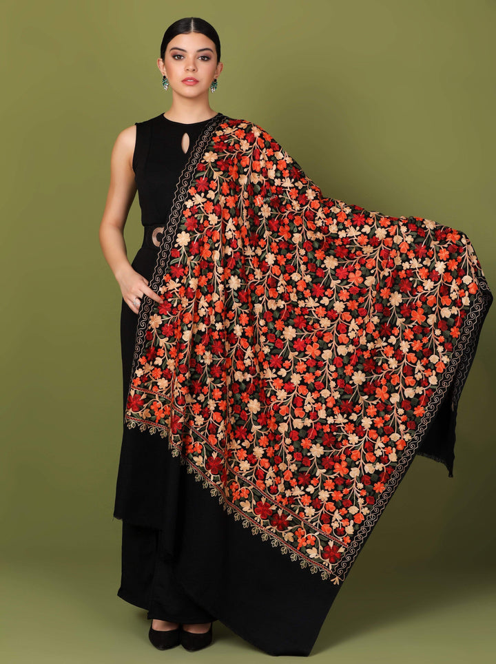 Pashtush India 100x200 Pashtush Womens Kashmiri Shawl, Aari Embroidery, Black