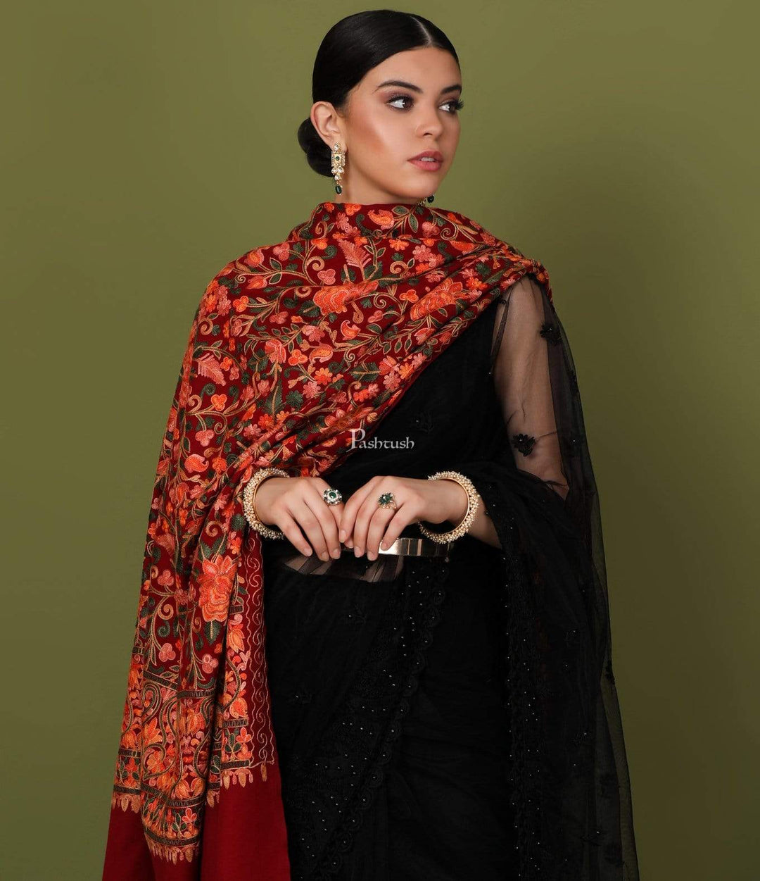 Pashtush Store Shawl Pashtush Womens Kashmiri Shawl, Aari Embroidery, Maroon