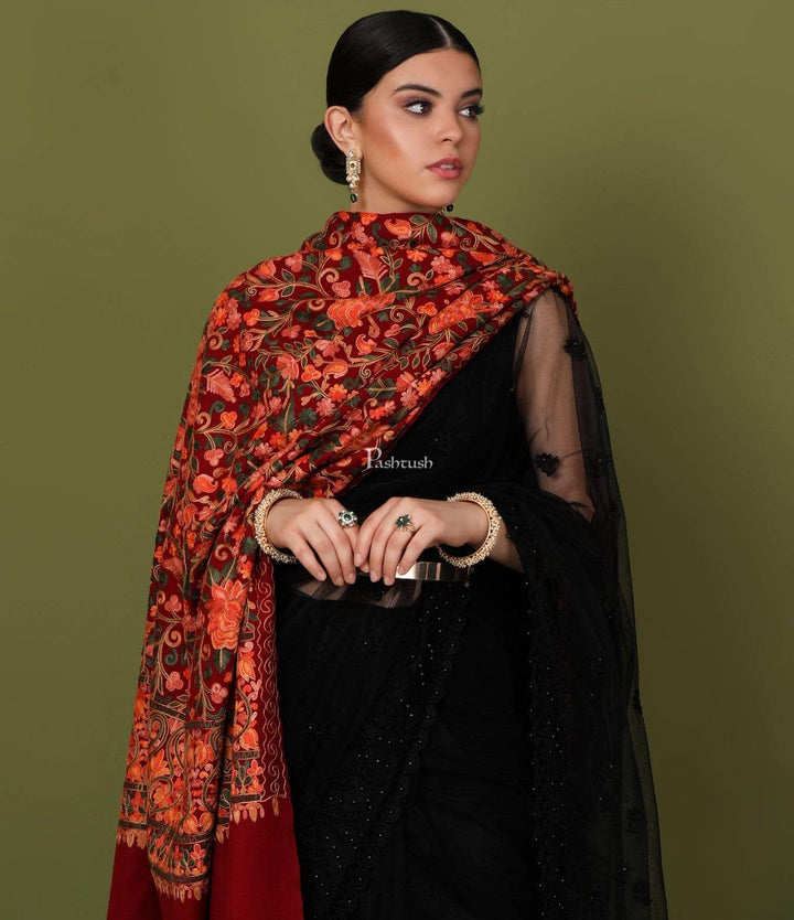 Pashtush Store Shawl Pashtush Womens Kashmiri Shawl, Aari Embroidery, Maroon