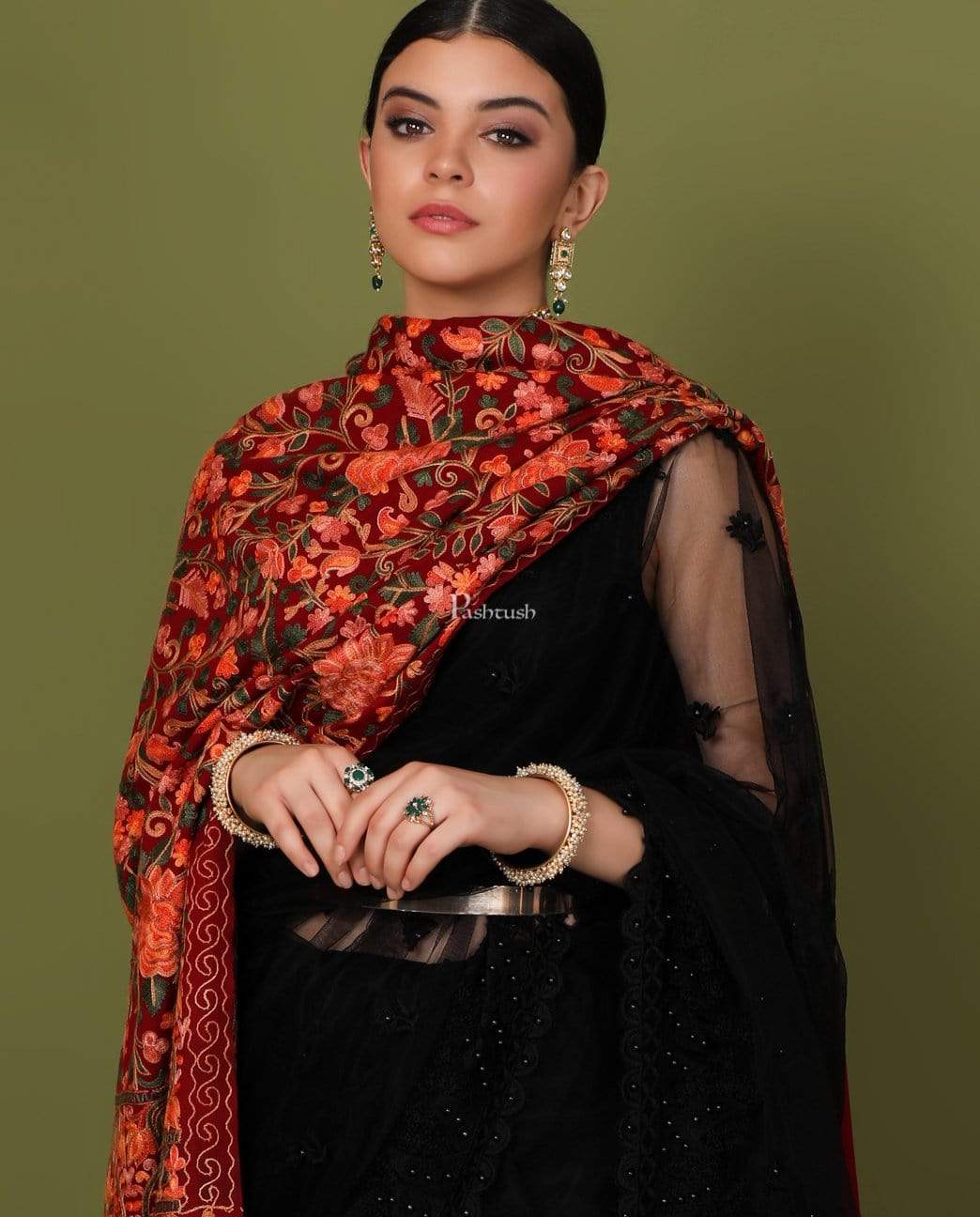 Pashtush Store Shawl Pashtush Womens Kashmiri Shawl, Aari Embroidery, Maroon