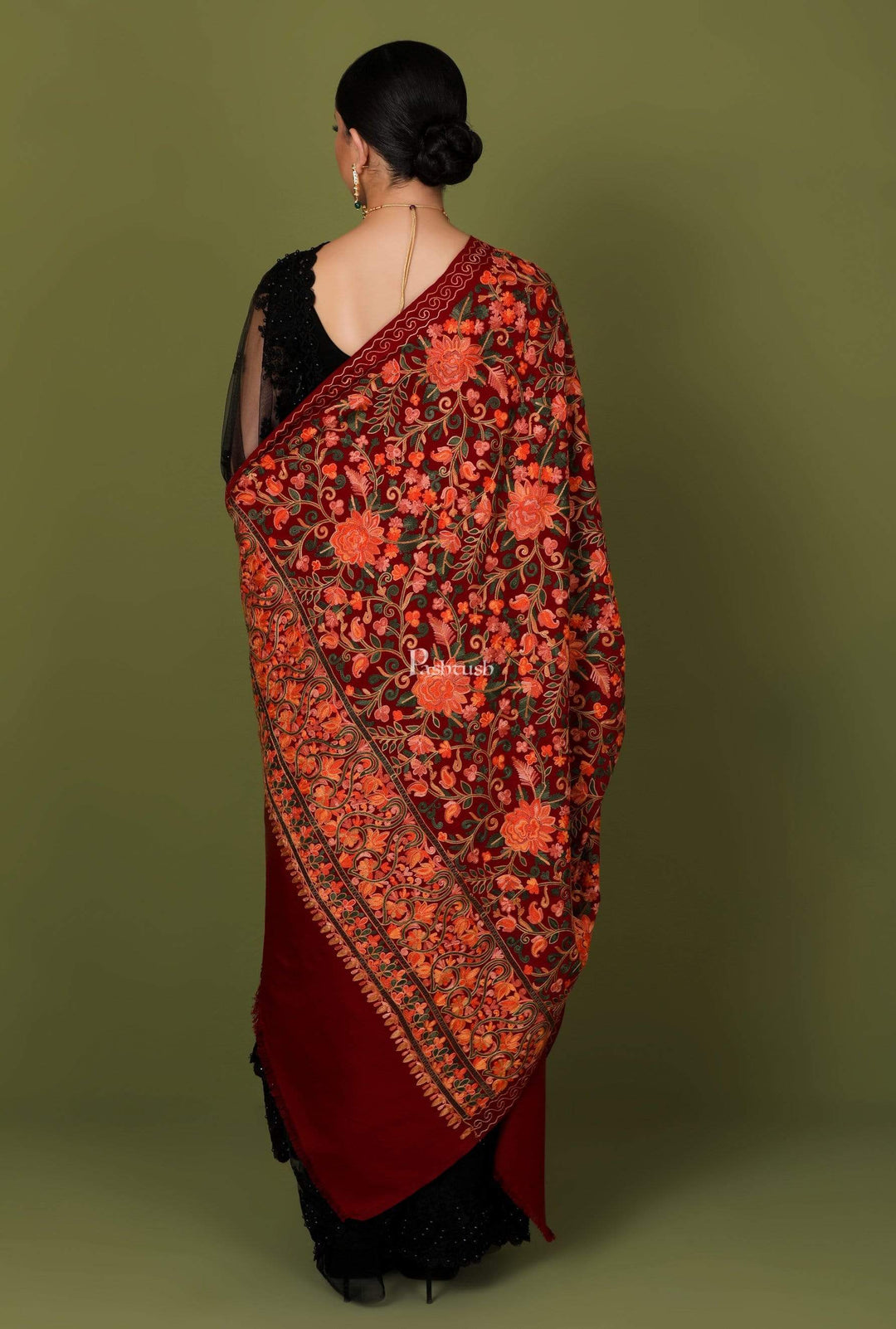 Pashtush Store Shawl Pashtush Womens Kashmiri Shawl, Aari Embroidery, Maroon