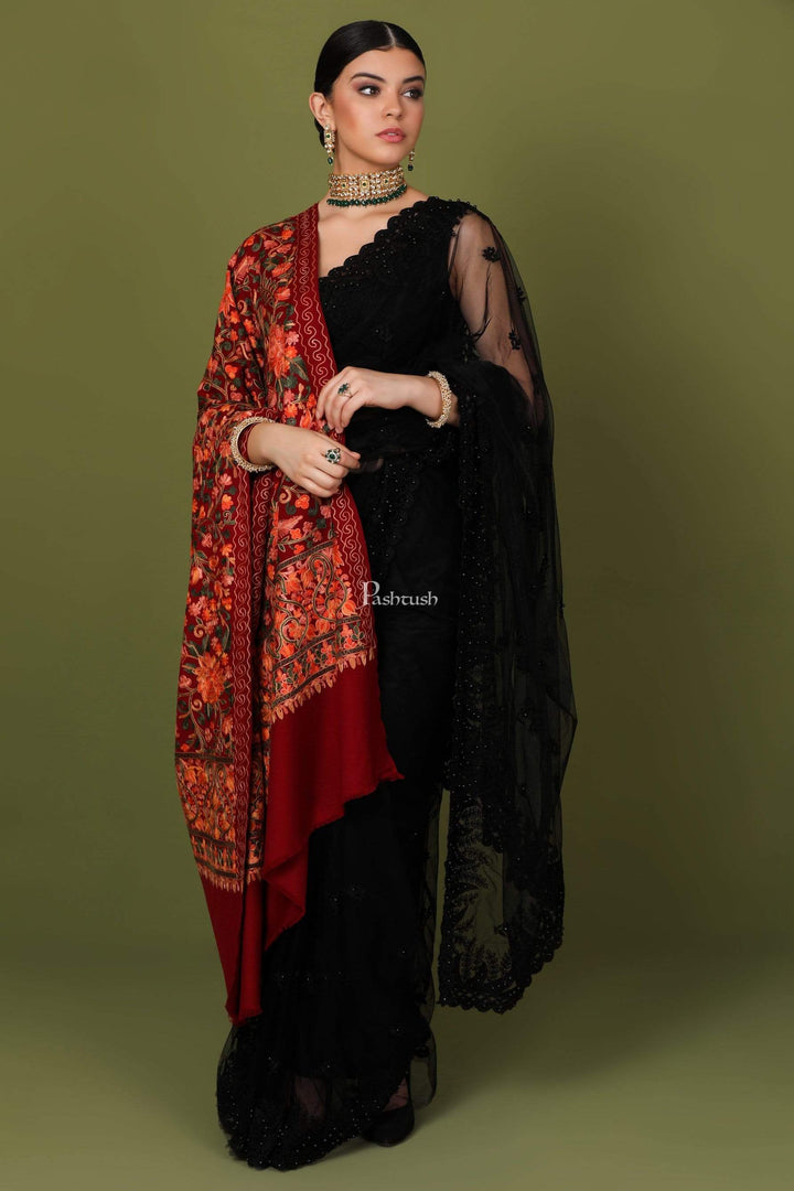 Pashtush Store Shawl Pashtush Womens Kashmiri Shawl, Aari Embroidery, Maroon