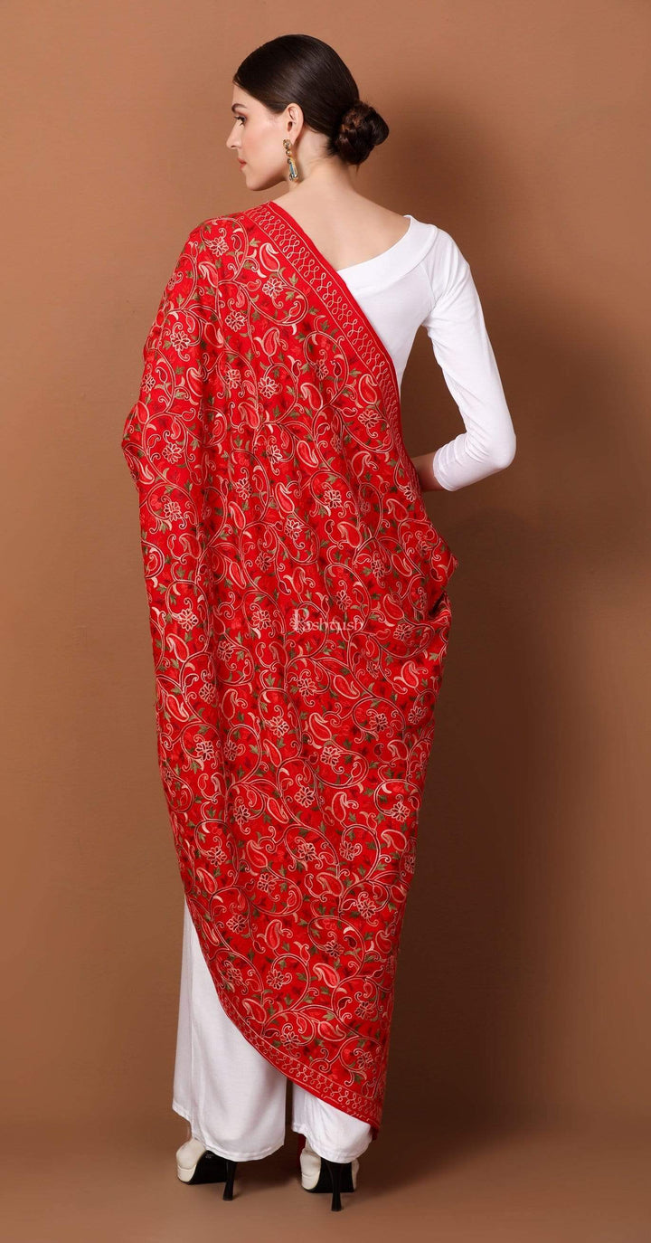 Pashtush India 100x200 Pashtush Womens Kashmiri Shawl, Aari Embroidery, Ruby Red