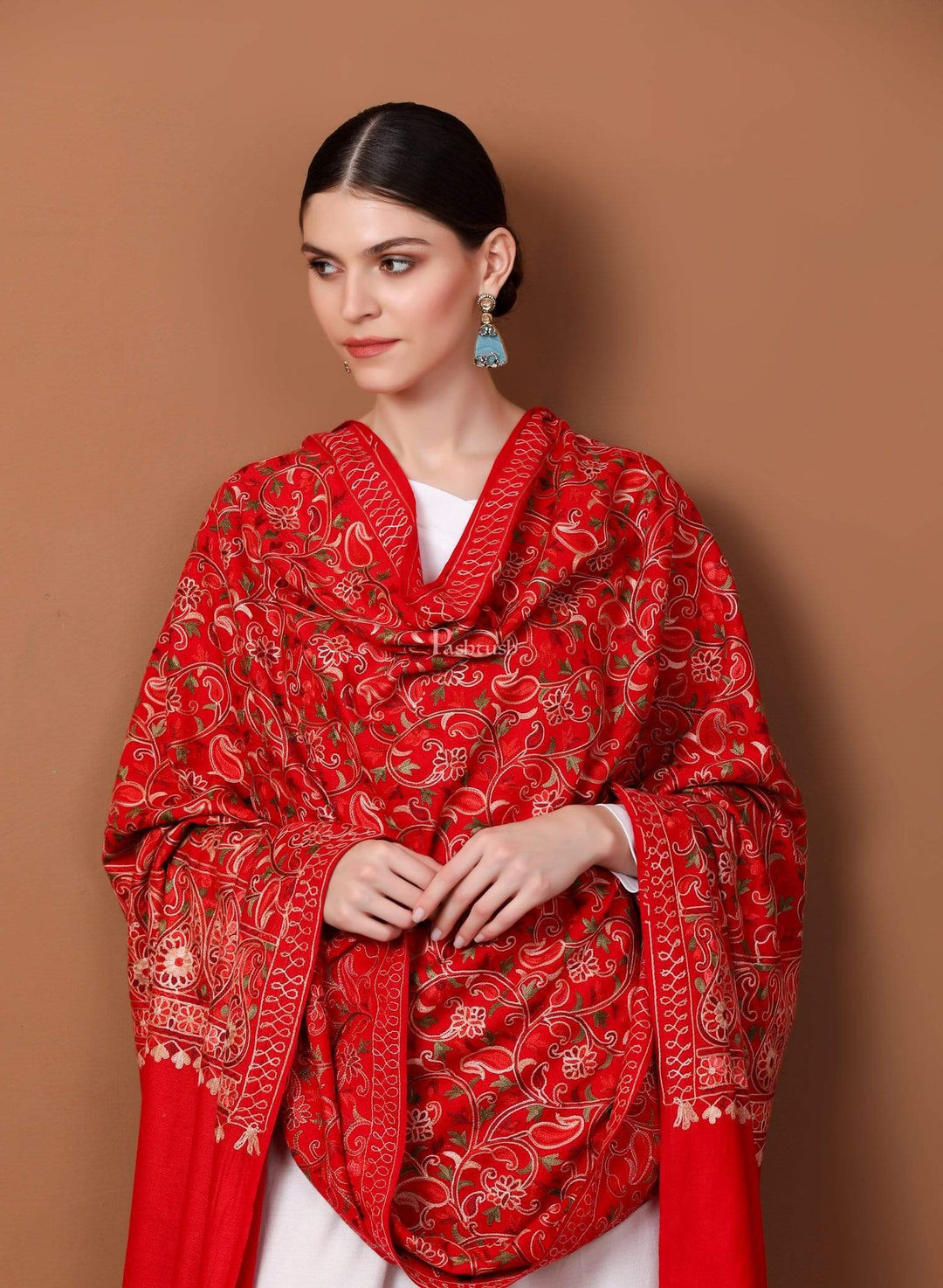 Pashtush India 100x200 Pashtush Womens Kashmiri Shawl, Aari Embroidery, Ruby Red