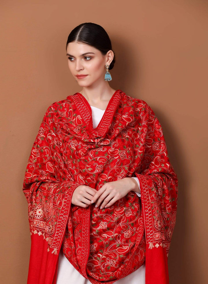 Pashtush India 100x200 Pashtush Womens Kashmiri Shawl, Aari Embroidery, Ruby Red