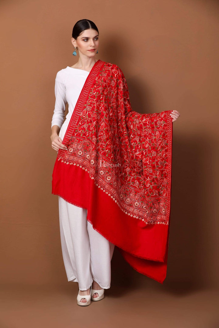 Pashtush India 100x200 Pashtush Womens Kashmiri Shawl, Aari Embroidery, Ruby Red