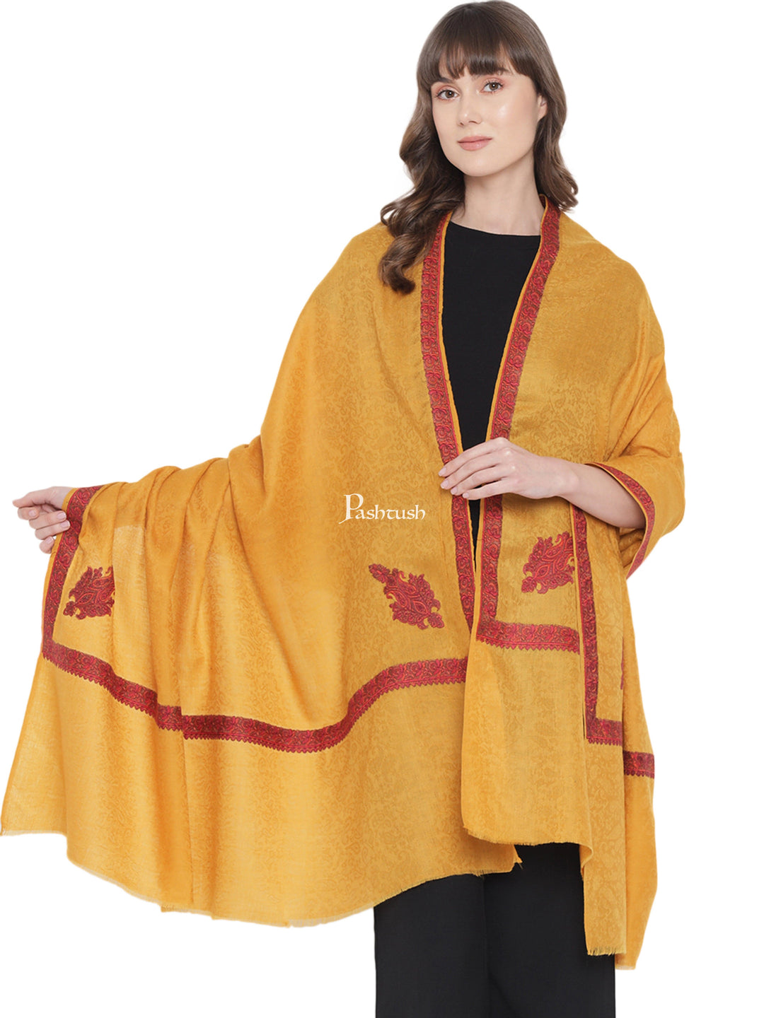 Pashtush India Womens Shawls Pashtush Womens Kingri Embroidery Shawl, Fine Wool, Border, Self Weave, Mustard