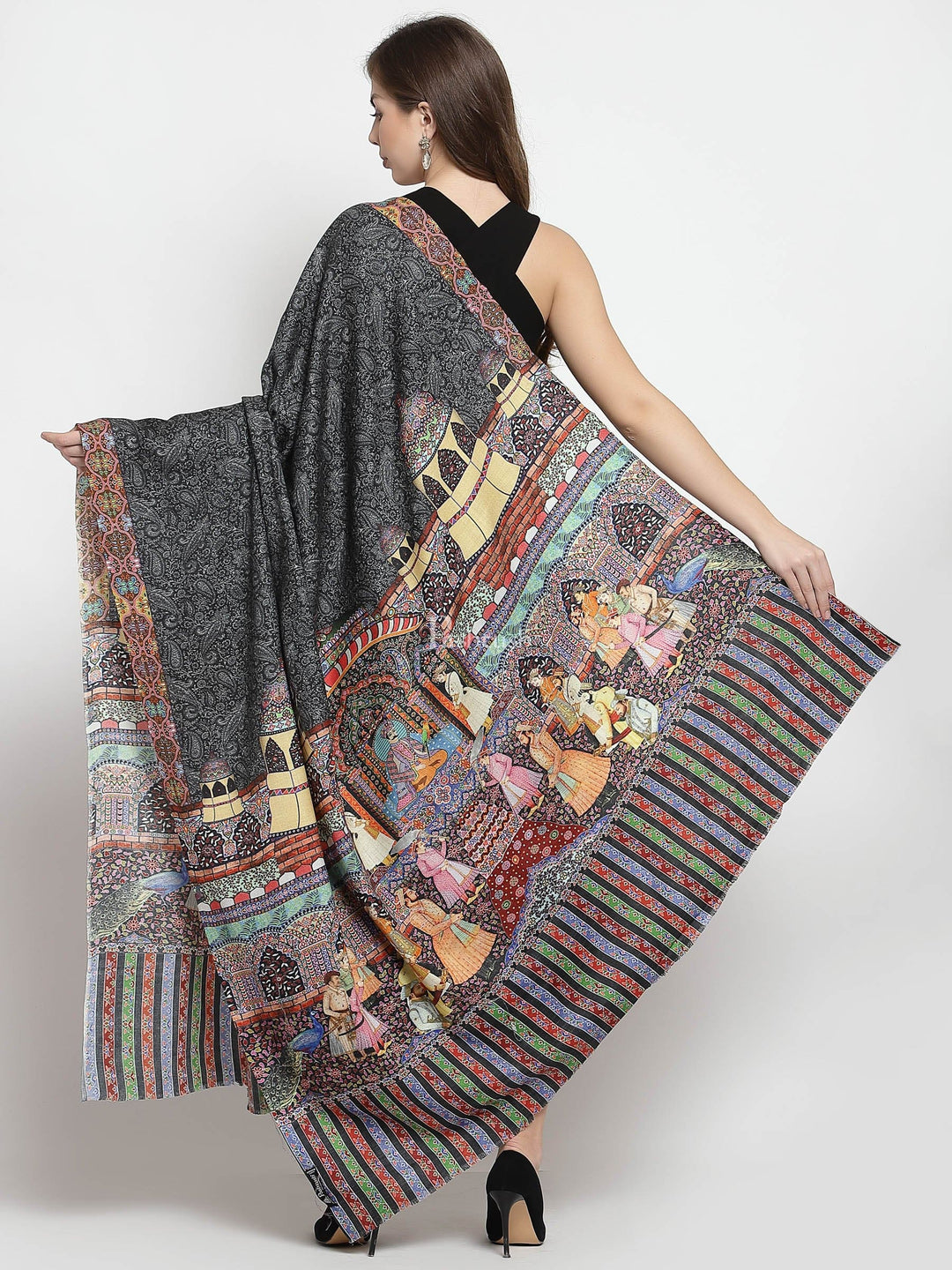 Pashtush India Womens Shawls Pashtush Womens Mughal Darbar Printed Shawl, Fine Wool, Ultra Soft