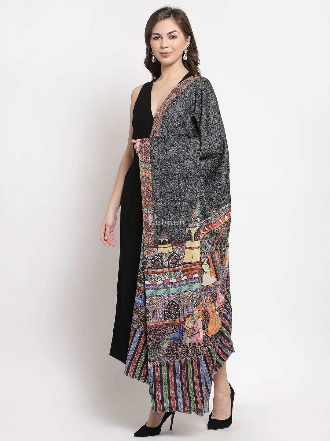 Pashtush India Womens Shawls Pashtush Womens Mughal Darbar Printed Shawl, Fine Wool, Ultra Soft