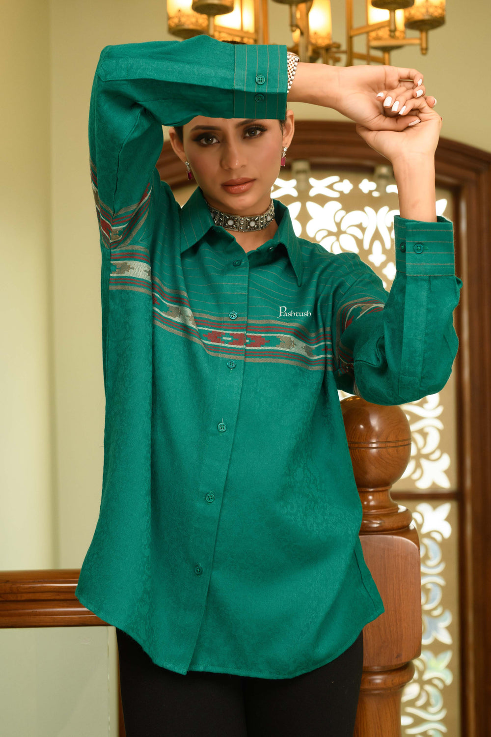 Pashtush India Womens Shirt Pashtush Womens Oversized Casual Woollen Shirt, Bottle Green
