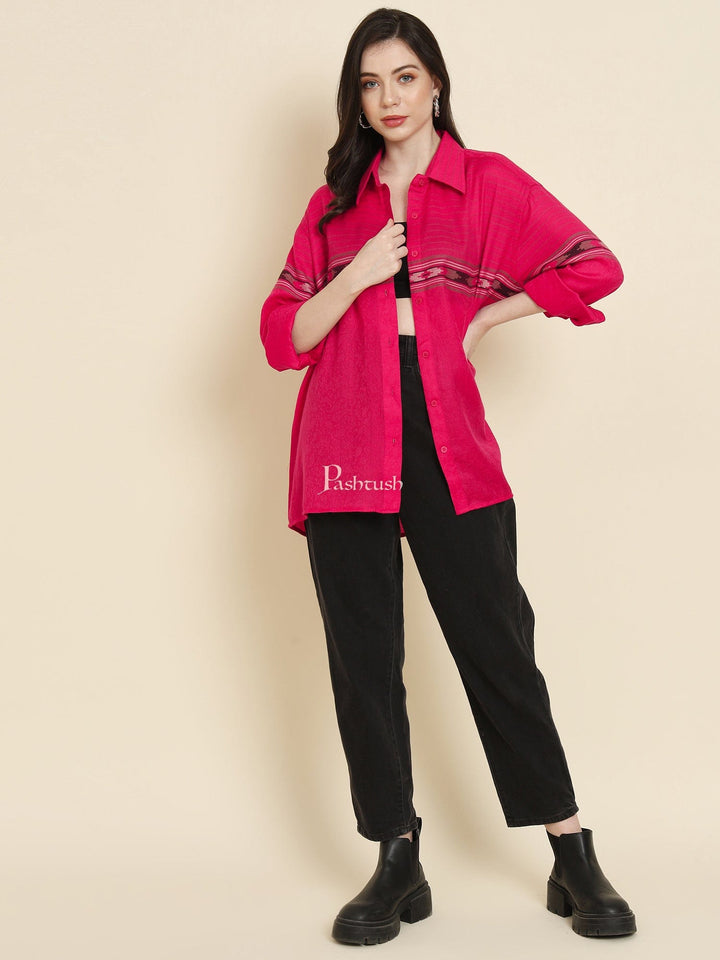 Pashtush India Womens Shirt Pashtush Womens Oversized Casual Woollen Shirt, Hot Pink