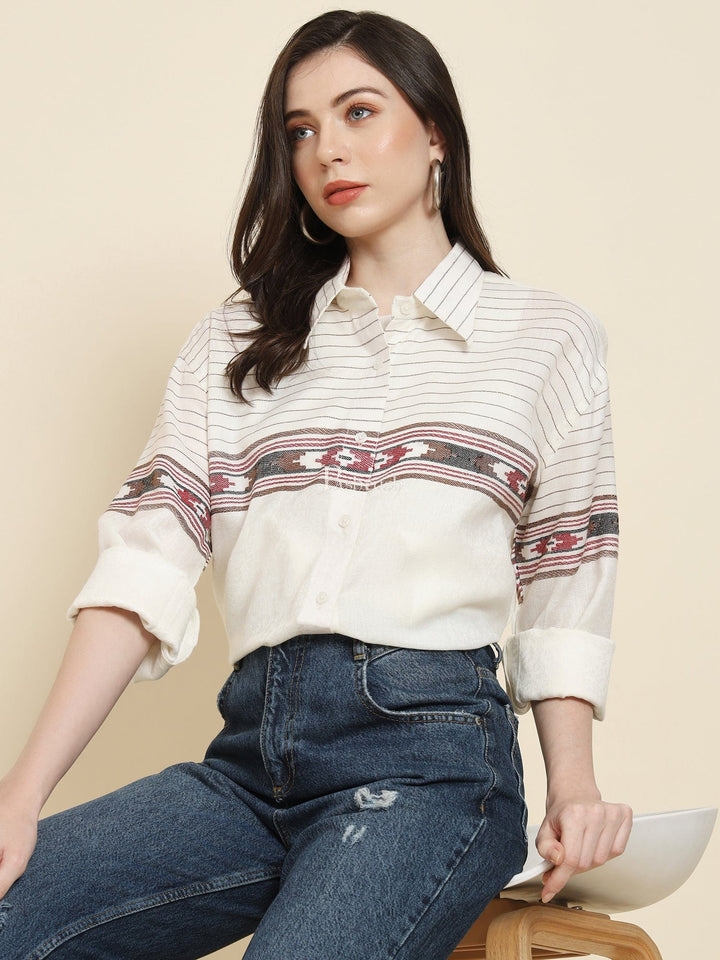 Pashtush India Womens Shirt Pashtush Womens Oversized Casual Woollen Shirt, Light Beige