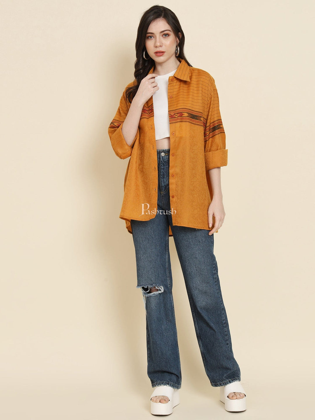 Pashtush India Womens Shirt Pashtush Womens Oversized Casual Woollen Shirt, Mustard