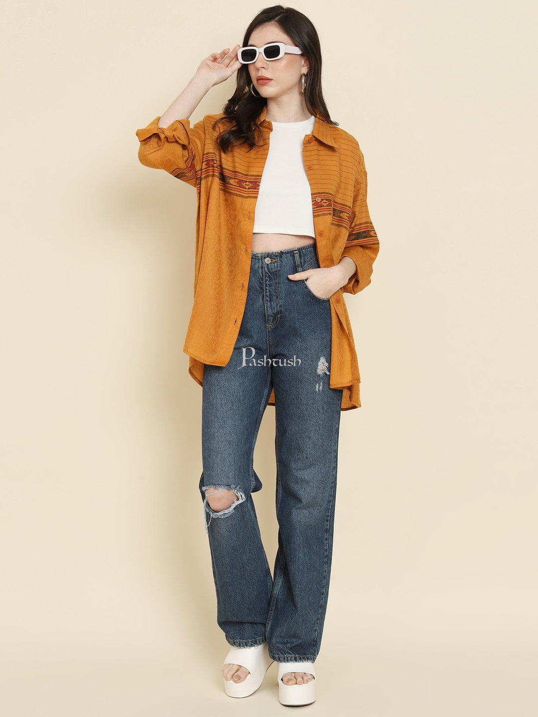 Pashtush India Womens Shirt Pashtush Womens Oversized Casual Woollen Shirt, Mustard