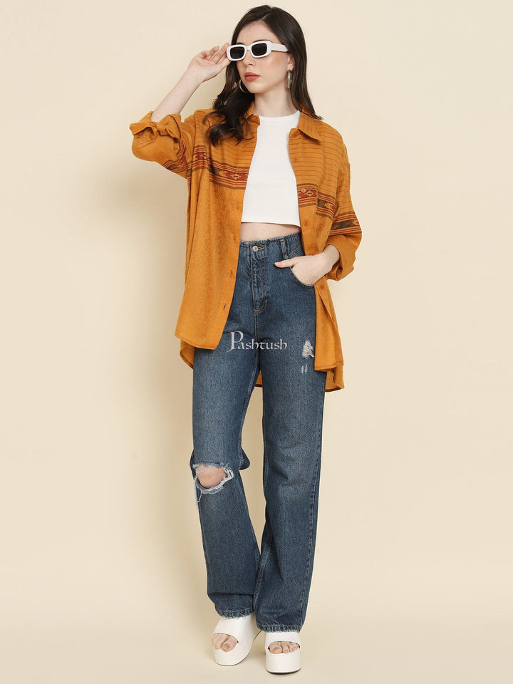 Pashtush India Womens Shirt Pashtush Womens Oversized Casual Woollen Shirt, Mustard