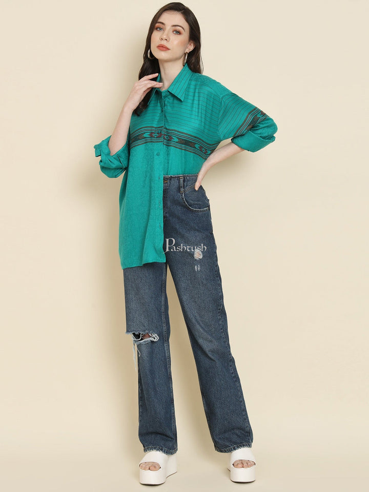 Pashtush India Womens Shirt Pashtush Womens Oversized Casual Woollen Shirt, Sea Green
