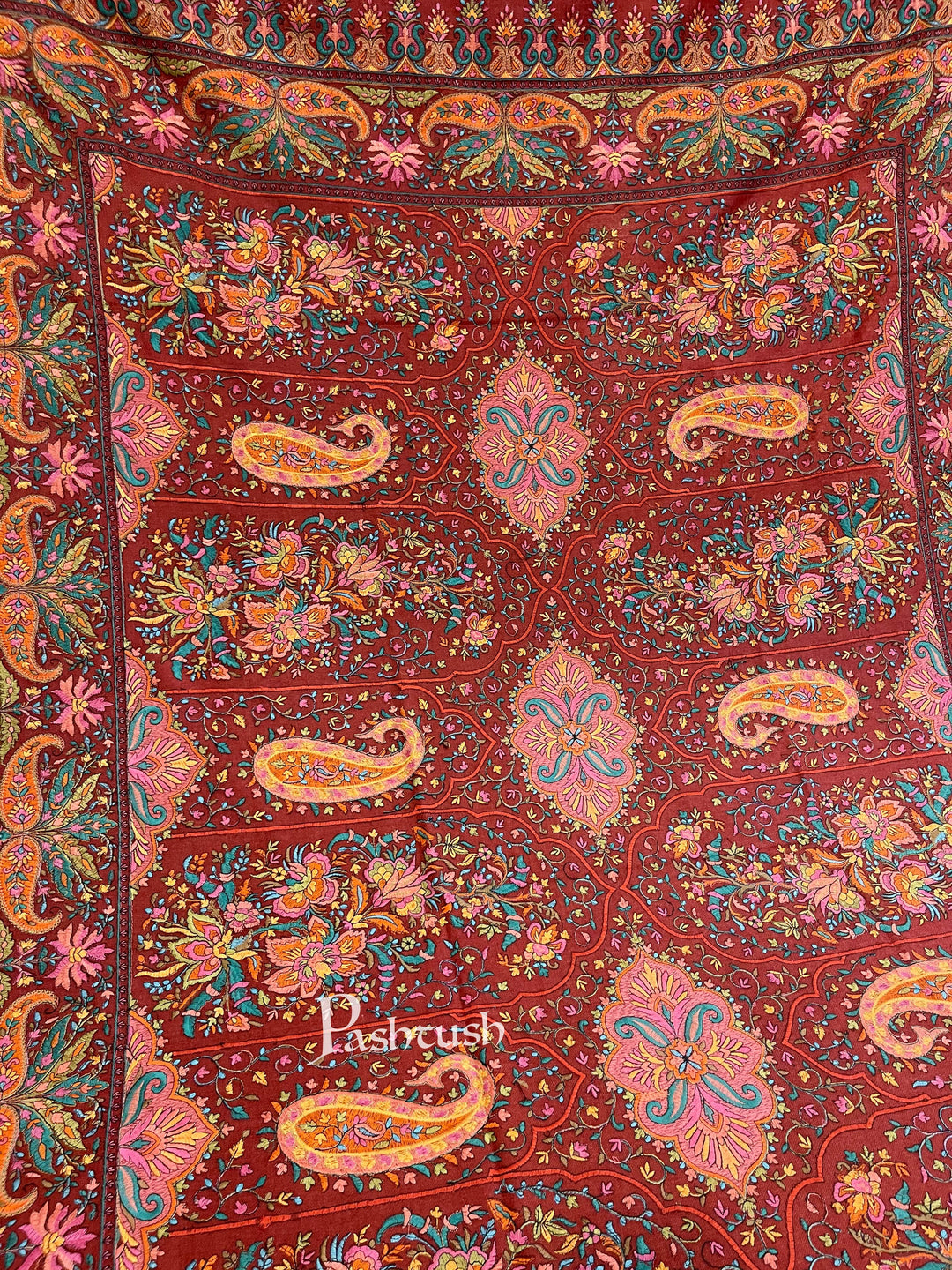 Pashtush India 100x200 Pashtush Womens Papier-mâché Embroidered Shawl, Fine Wool with Silky Embroidery, Maroon