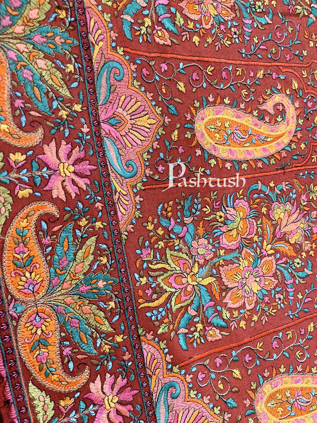 Pashtush India 100x200 Pashtush Womens Papier-mâché Embroidered Shawl, Fine Wool with Silky Embroidery, Maroon