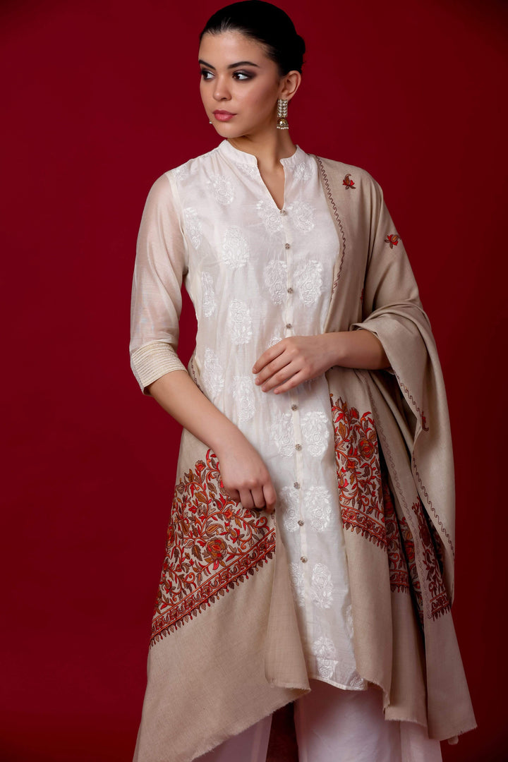 Pashtush India Shawl Pashtush Womens Papier Machè Embroidery Palla Shawl - Taupe