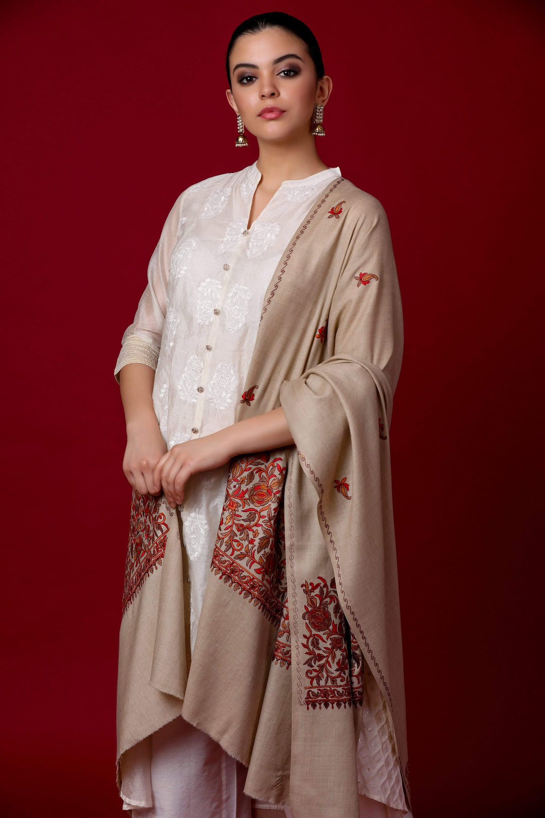 Pashtush India Shawl Pashtush Womens Papier Machè Embroidery Palla Shawl - Taupe