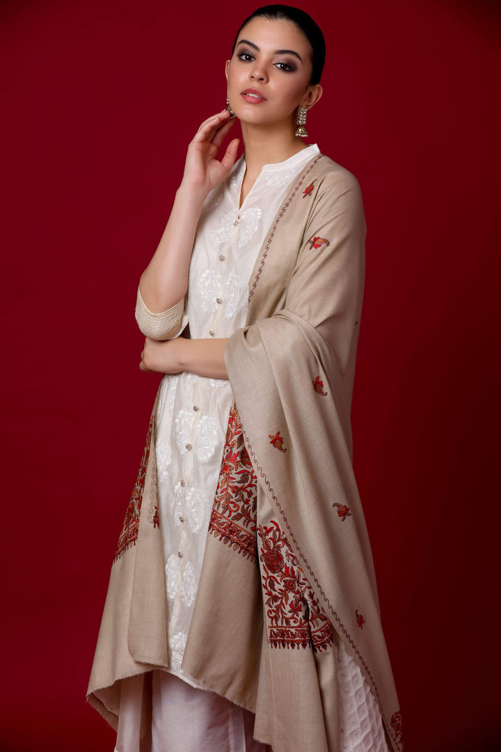 Pashtush India Shawl Pashtush Womens Papier Machè Embroidery Palla Shawl - Taupe