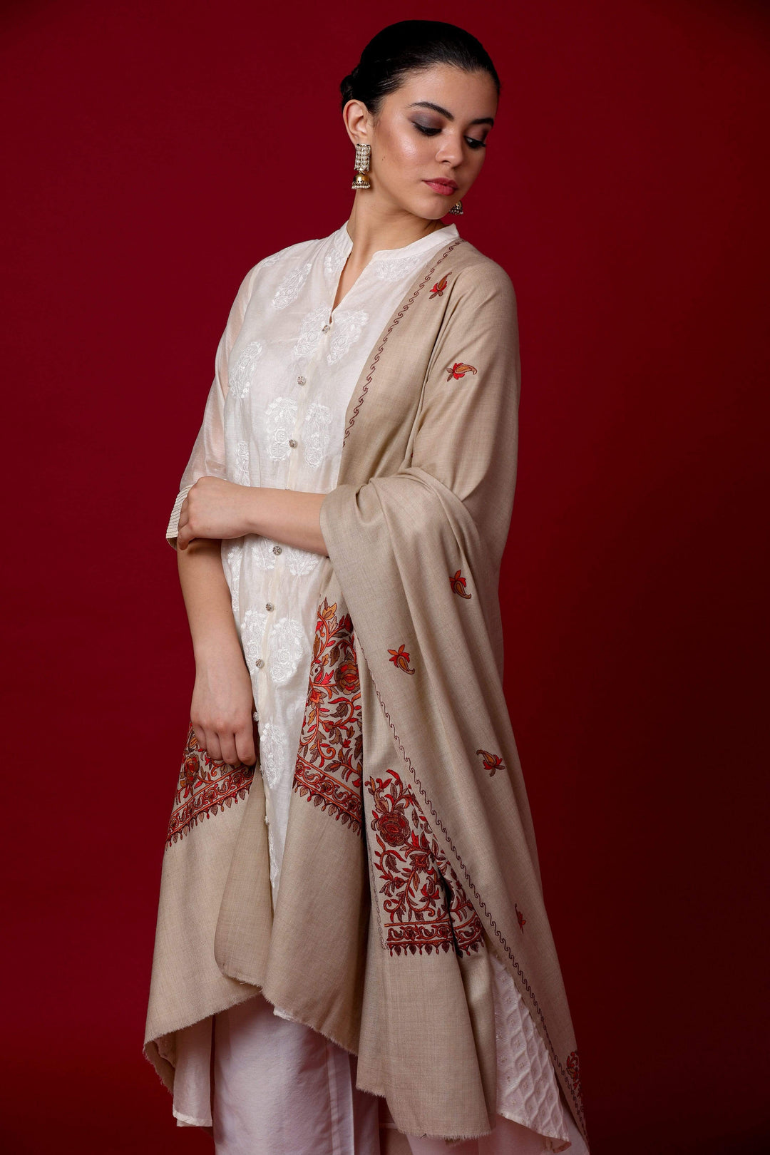 Pashtush India Shawl Pashtush Womens Papier Machè Embroidery Palla Shawl - Taupe