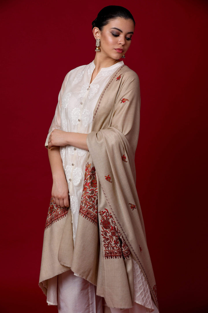 Pashtush India Shawl Pashtush Womens Papier Machè Embroidery Palla Shawl - Taupe