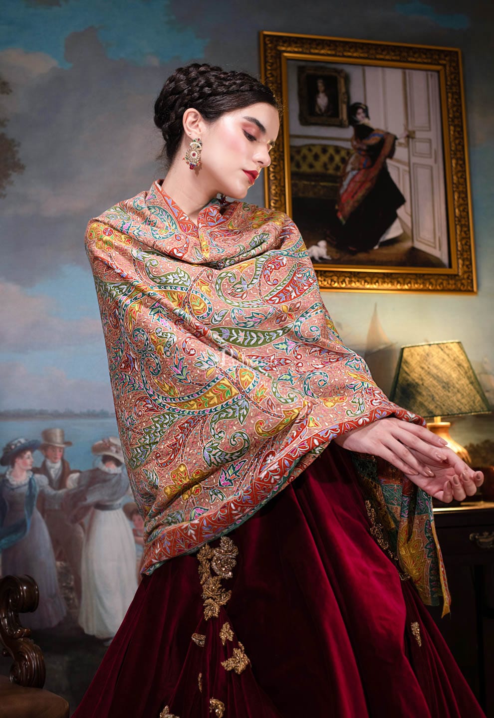 Pashtush India Womens Shawls Pashtush Womens Pashmina, Hand Embroidered Hand Painted Kalamkari Shawl, Multicolour