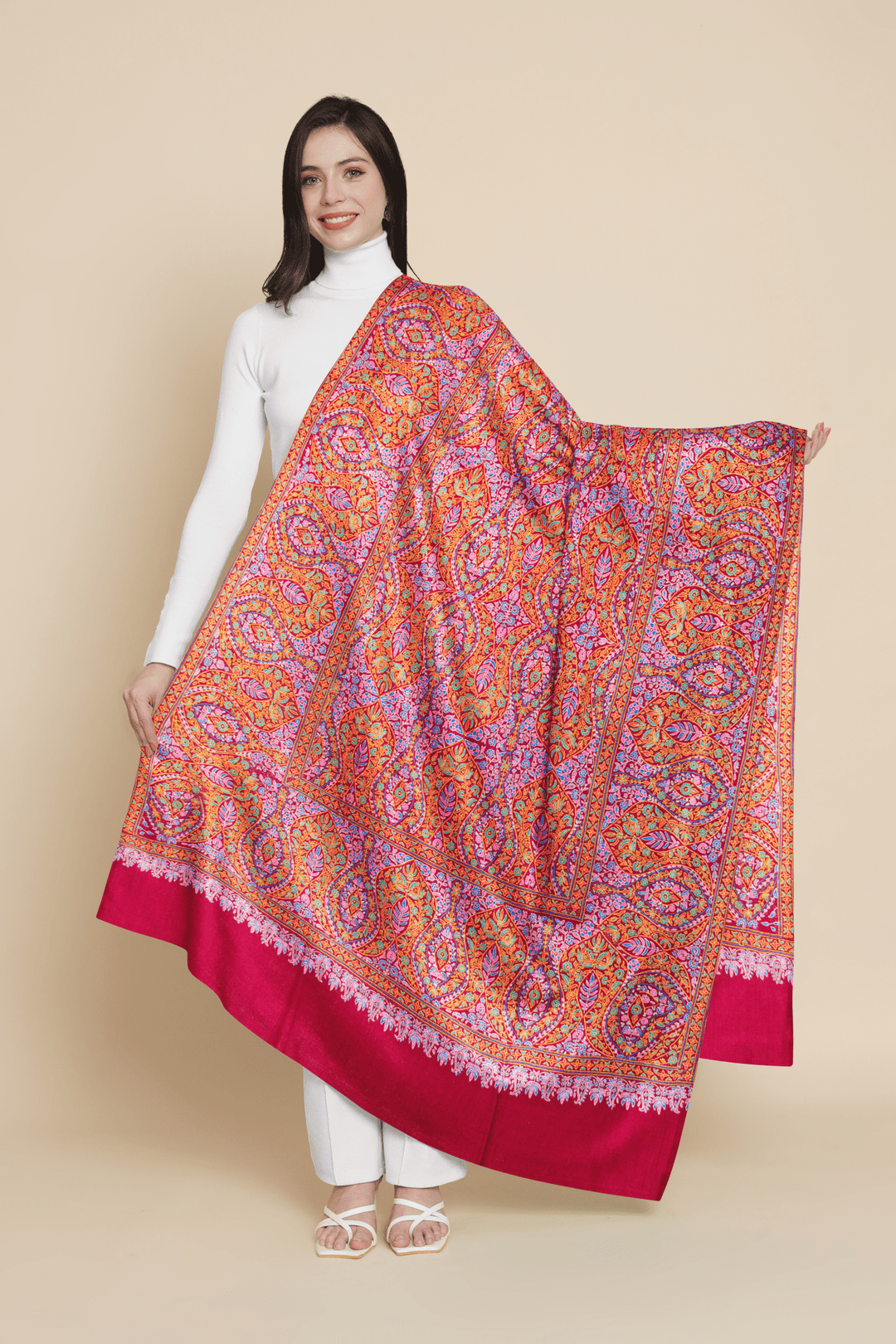 Pashtush India Womens Shawls Pashtush Womens Pashmina Handloom Shawl, Silk Kashmiri Papier Mache Embroidery, Resham Threadwork