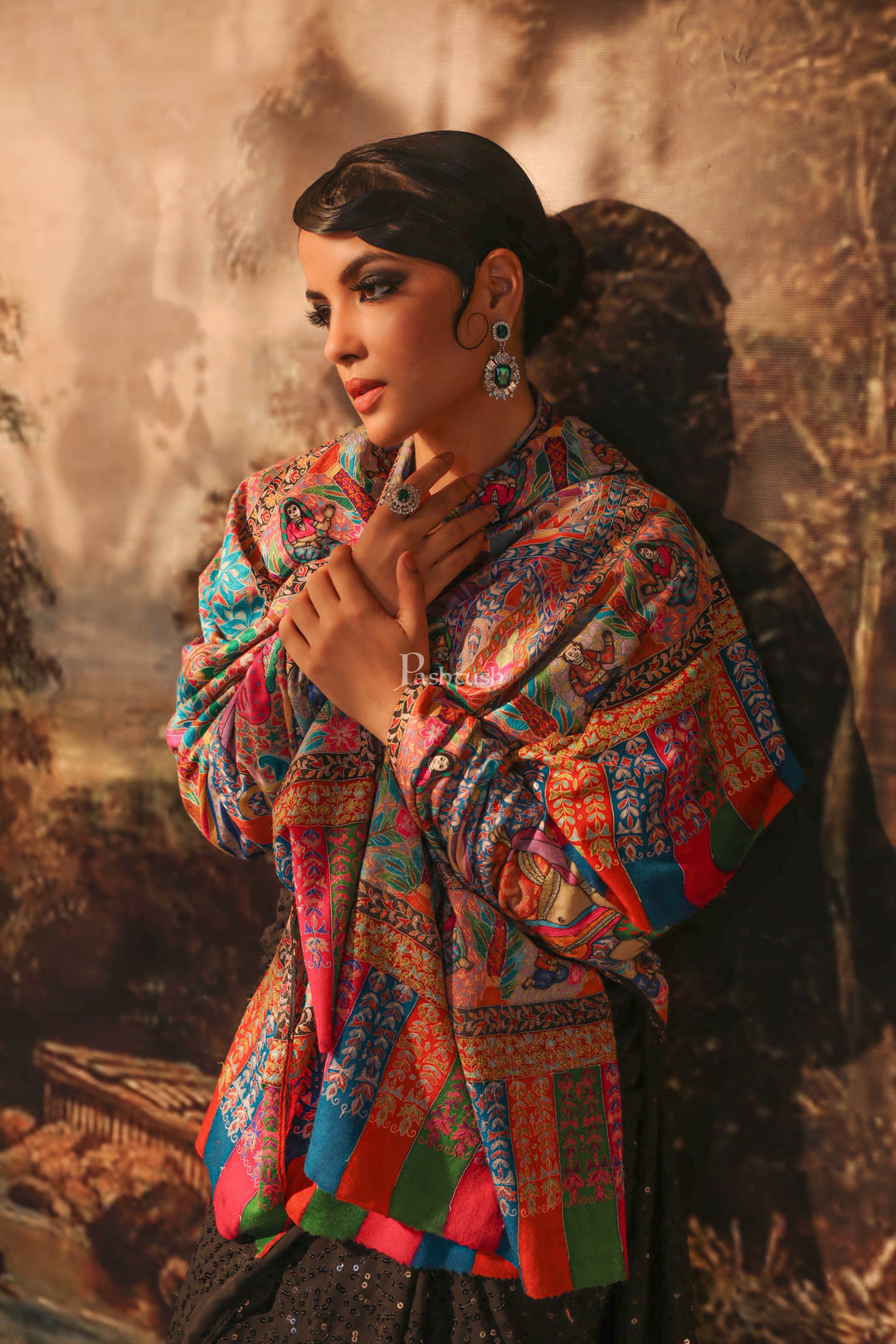 Pashtush India Womens Shawls Pashtush Womens Pashmina Handmade Kalamkari Shawl, Multicolour