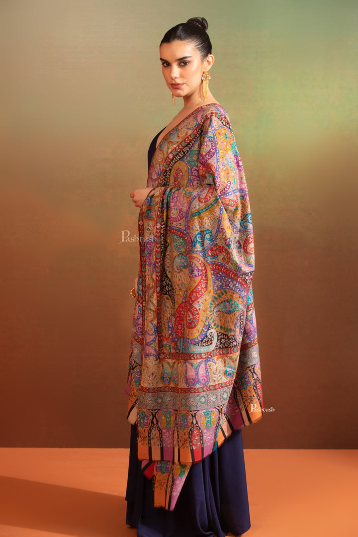 Pashtush India Womens Shawls Pashtush Womens Pashmina Kalamkari Shawl, Hand Painted And Embroidered Kalamkari, Handloom