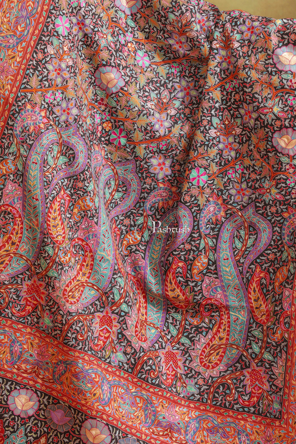 Pashtush India Womens Shawls Pashtush Womens Pashmina Shawl, Hand Painted And Embroidered Kalamkari Design, Multicolour