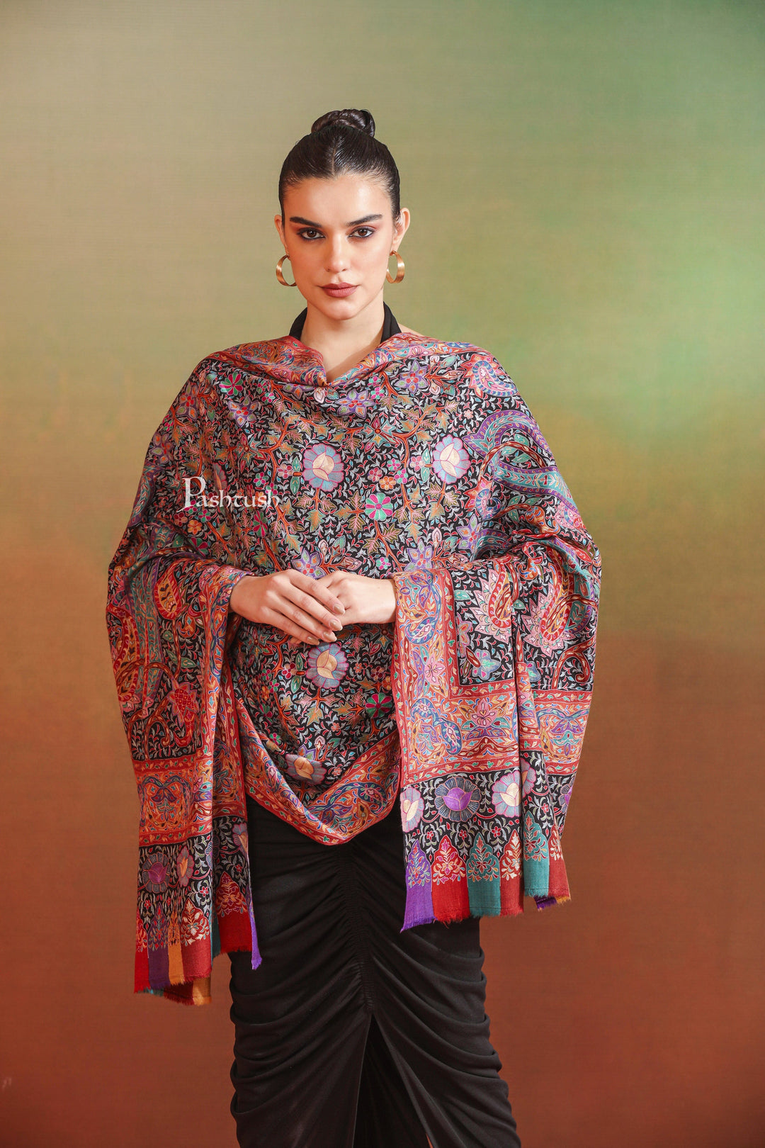 Pashtush India Womens Shawls Pashtush Womens Pashmina Shawl, Hand Painted And Embroidered Kalamkari Design, Multicolour