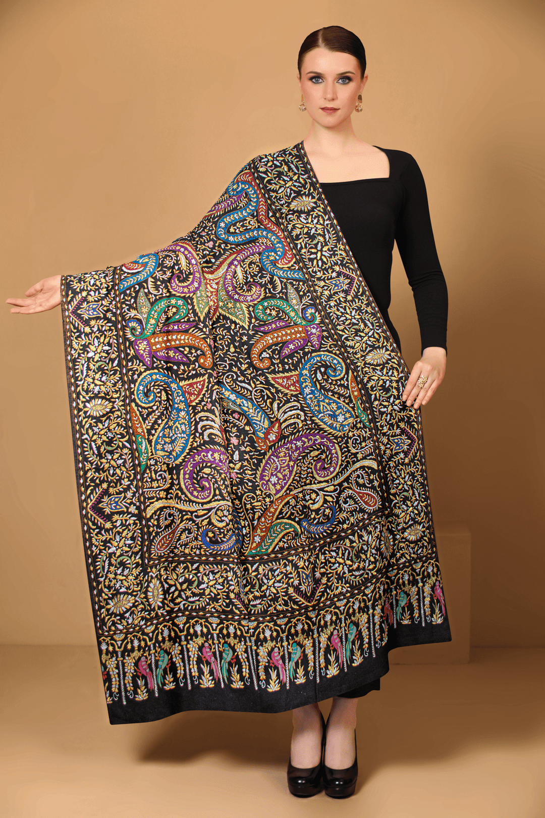 Pashtush India Womens Shawls PASHTUSH WOMENS PASHMINA SHAWL, KASHMIRI TILLA WORK, HANDLOOM, MULTICOLOURED