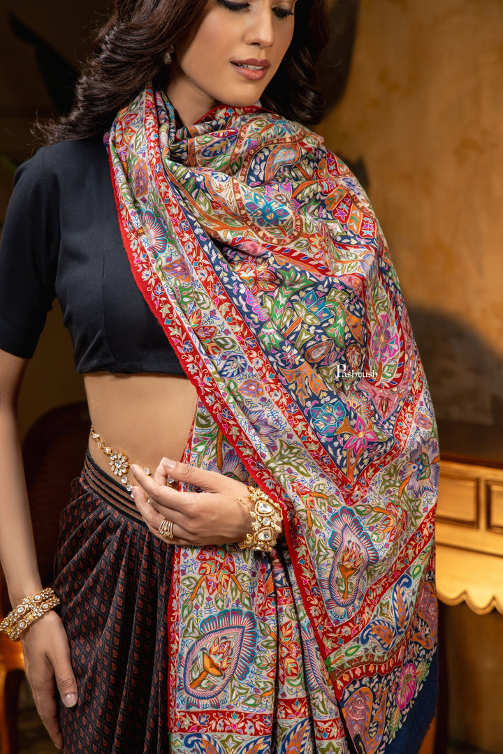 Pashtush India Womens Shawls Pashtush Womens Pashmina Shawl, Multicoloured Kalamkari, Hand Painted, Woven, Embroidered with Ombre