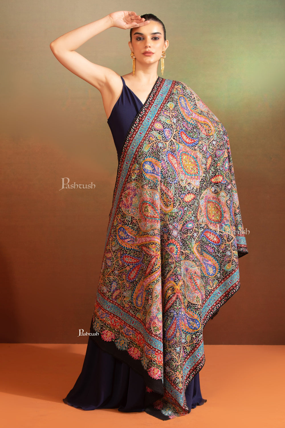 Pashtush India Womens Shawls Pashtush Womens Pashmina Shawl, Multicoloured Kalamkari, Hand Painted, Woven, Embroidered with Ombre