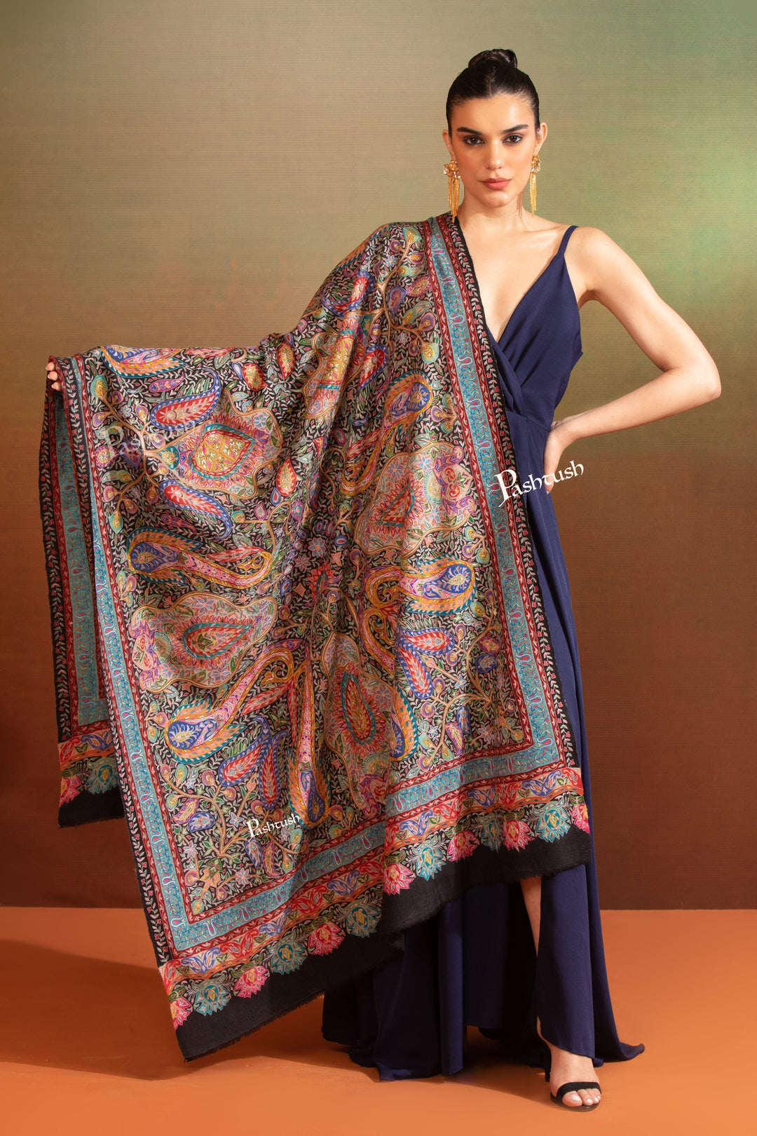 Pashtush India Womens Shawls Pashtush Womens Pashmina Shawl, Multicoloured Kalamkari, Hand Painted, Woven, Embroidered with Ombre