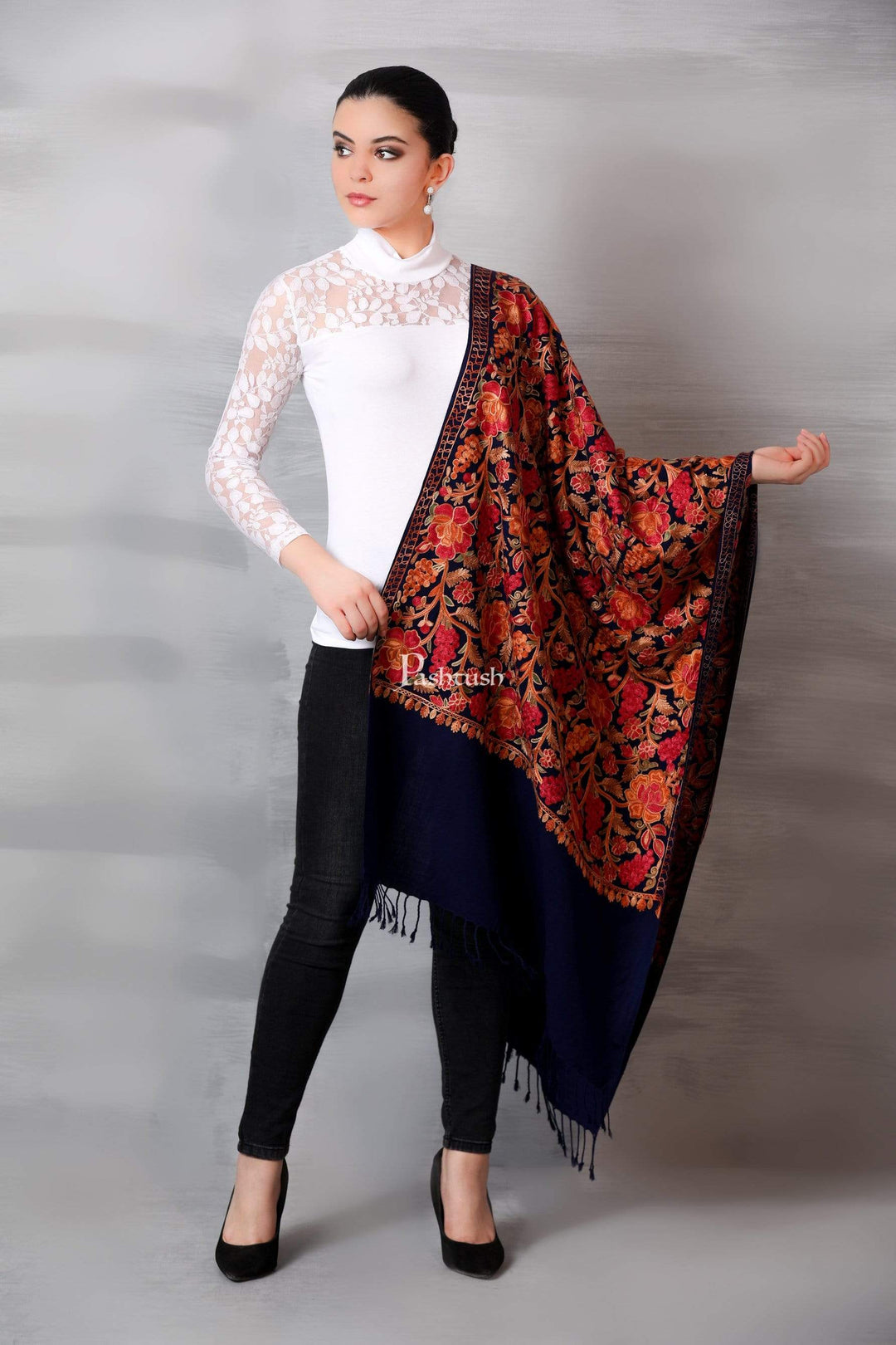 Pashtush Store Stole Pashtush Womens Peruvian Roses Scarf, Embroidery Stole, Soft and Warm