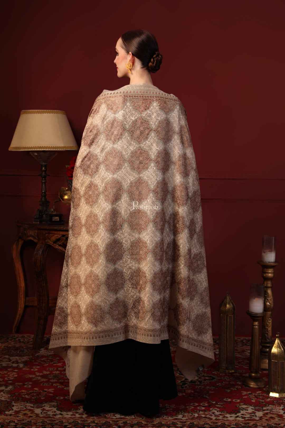 Pashtush India 70x200 Pashtush Womens Pure Fine Woollen, Silky Nalki Embroidery Needlework Stole, White