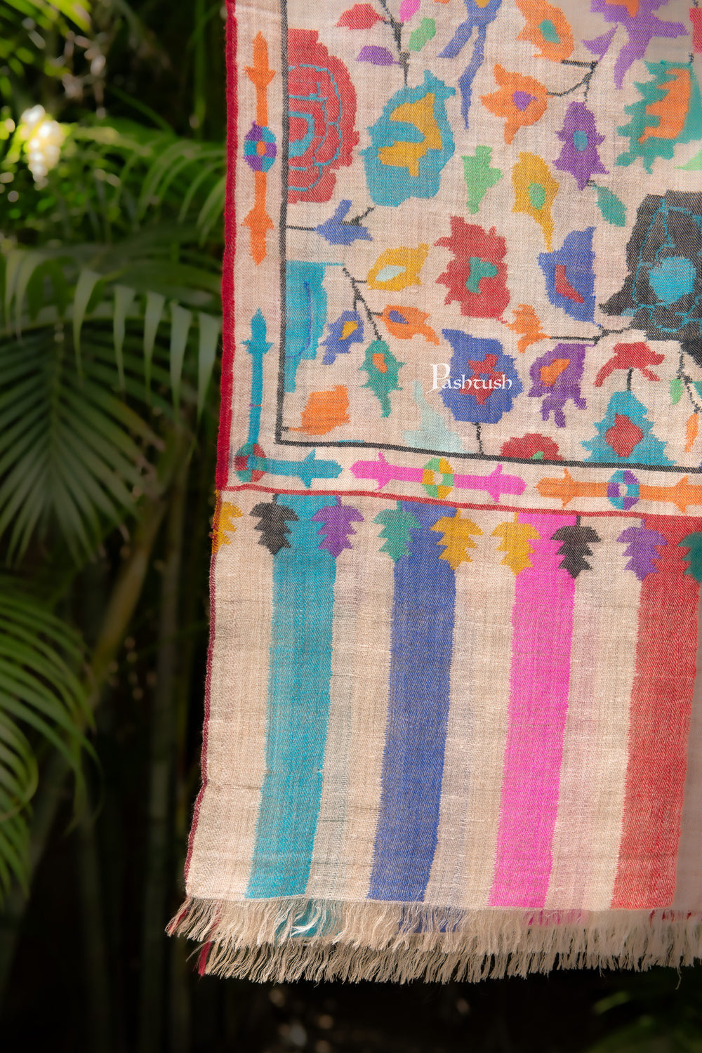 Pashtush India Womens Shawls Pashtush Womens Pure Pashmina Handloom Kaani Shawl, Handwoven, Pastel Hues, Multicoloured with Natural Woven Base
