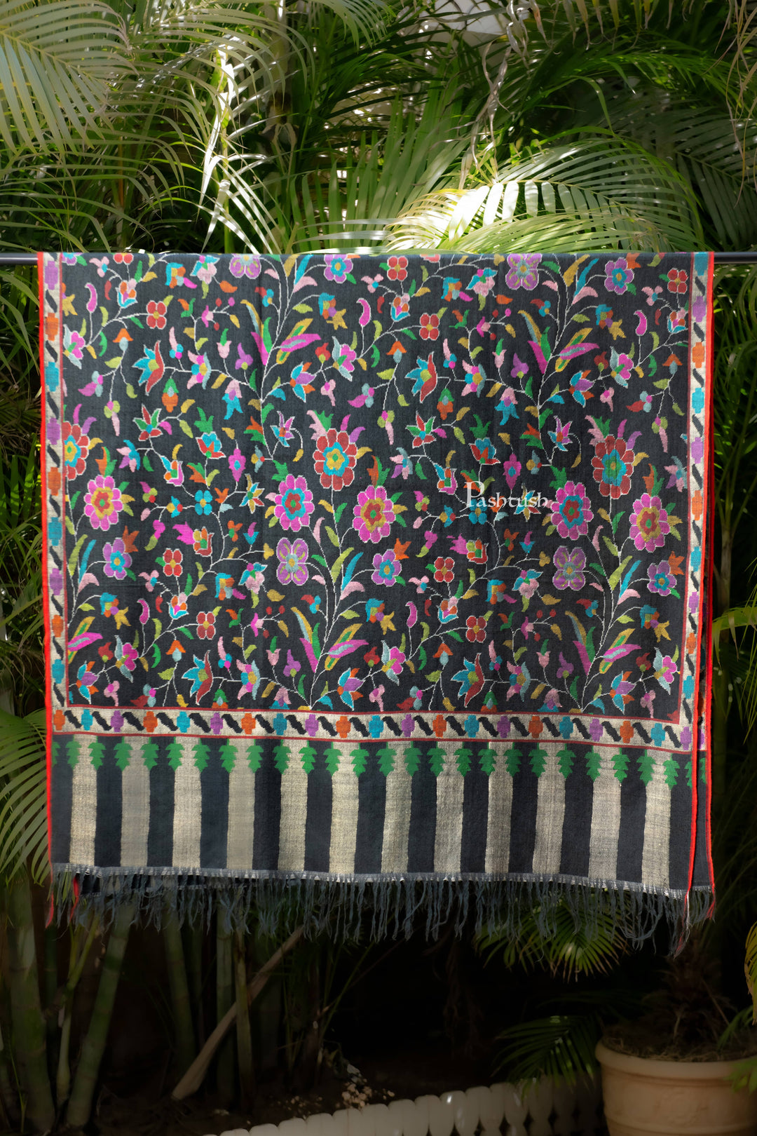 Pashtush India Womens Shawls Pashtush Womens Pure Pashmina Kaani Shawl, Handloom, Hand woven, Black