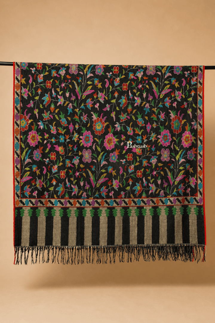 Pashtush India Womens Shawls Pashtush Womens Pure Pashmina Kaani Shawl, Handloom, Hand woven, Black