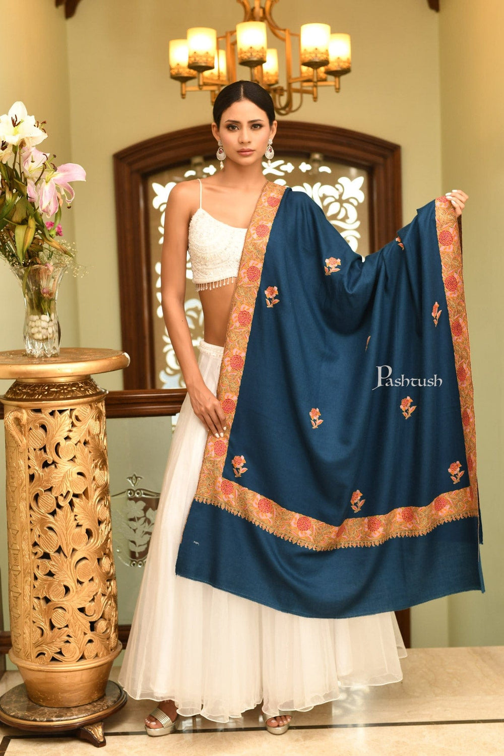 Pashtush India Womens Shawls Pashtush Womens Pure Pashmina Shawl, Challa Daur - Gulaabdar Sozni Embroidery Design, Arabic Sea Blue