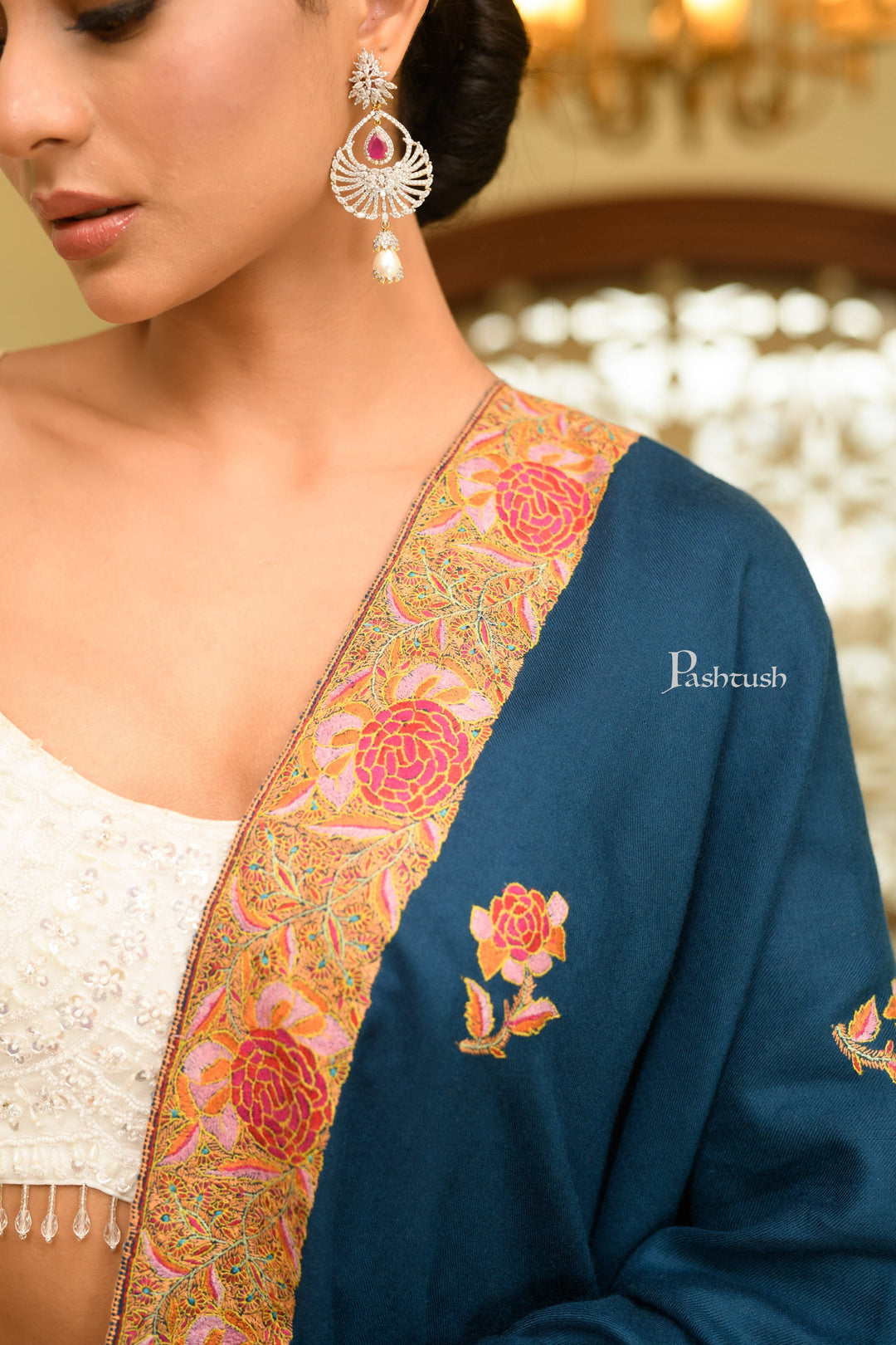 Pashtush India Womens Shawls Pashtush Womens Pure Pashmina Shawl, Challa Daur - Gulaabdar Sozni Embroidery Design, Arabic Sea Blue