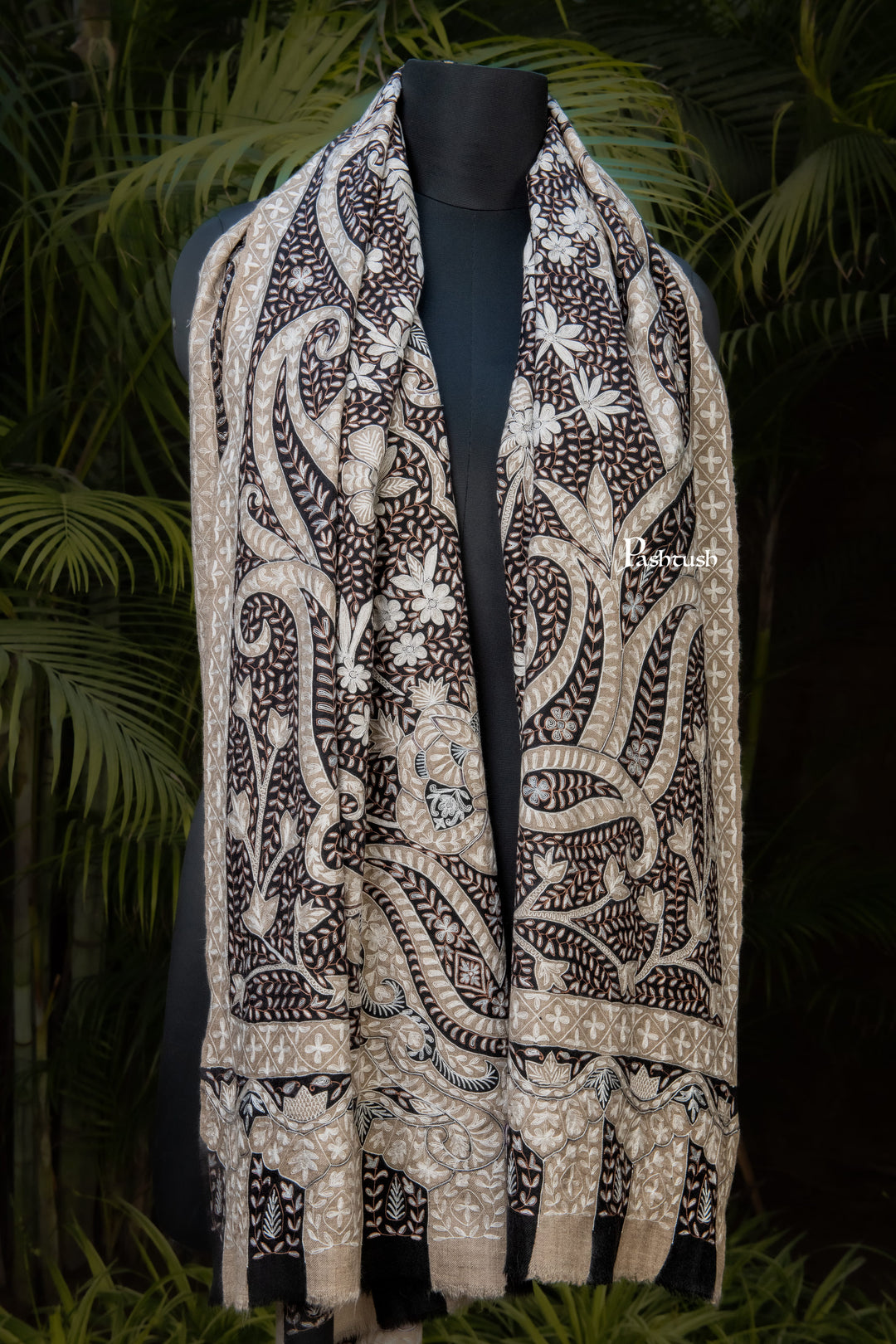 Pashtush India Womens Shawls Pashtush Womens Pure Pashmina Shawl, Hand Embroidery, Hand Woven, Kalamkari Design, Black