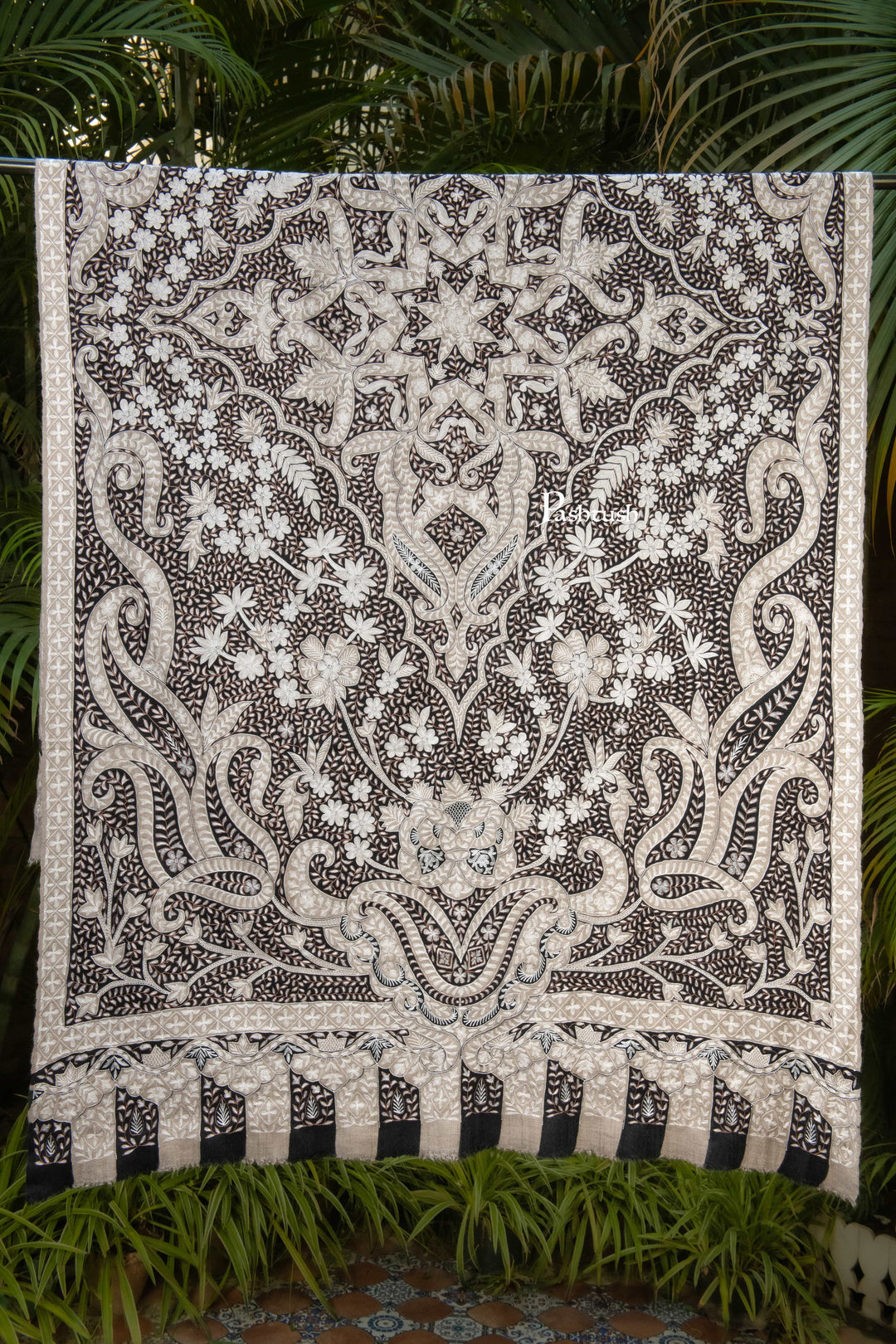 Pashtush India Womens Shawls Pashtush Womens Pure Pashmina Shawl, Hand Embroidery, Hand Woven, Kalamkari Design, Black