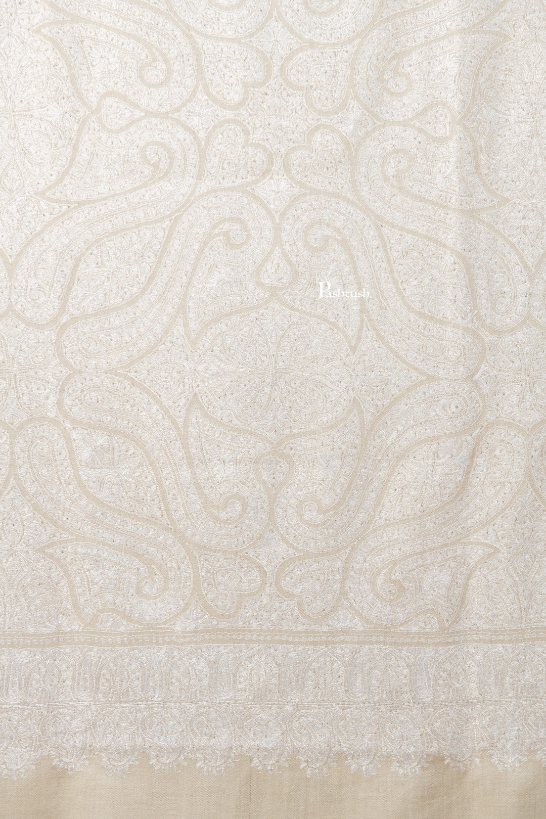 Pashtush India Womens Shawls Pashtush Womens Pure Pashmina Shawl, Hand Embroidery, Hand Woven, Tonal Design, Ivory