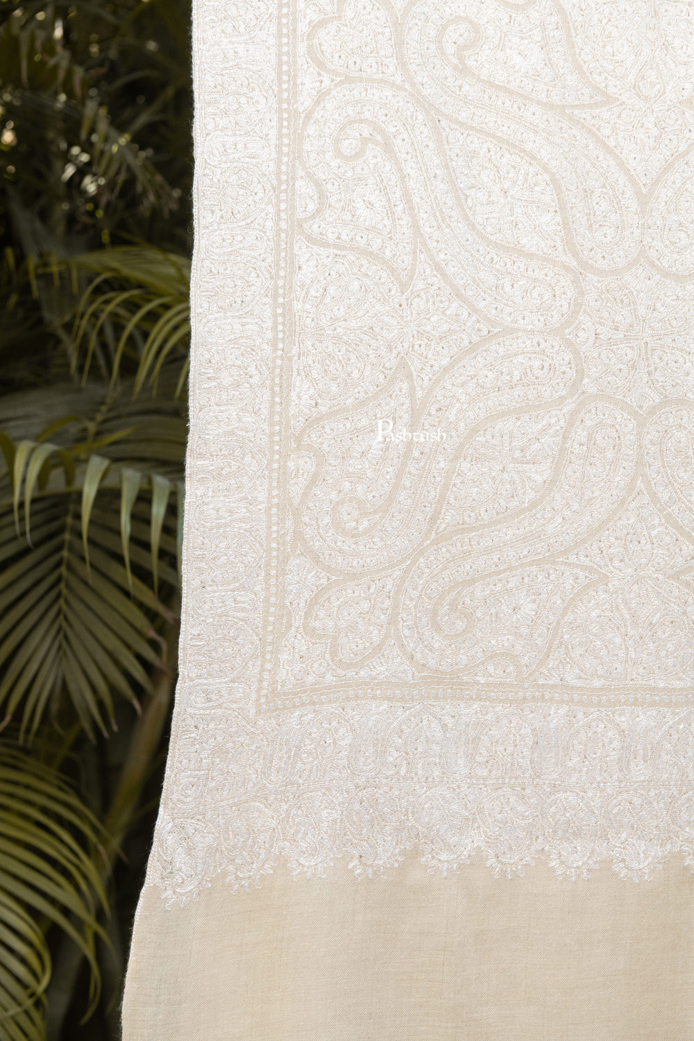 Pashtush India Womens Shawls Pashtush Womens Pure Pashmina Shawl, Hand Embroidery, Hand Woven, Tonal Design, Ivory